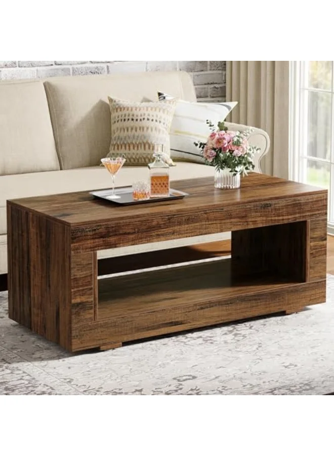 LITTLE TREE Modern Farmhouse Coffee Table with Storage, 2-Tier Rectangular Center Table for Living Room (Rustic Brown, 110cm) q5pp8