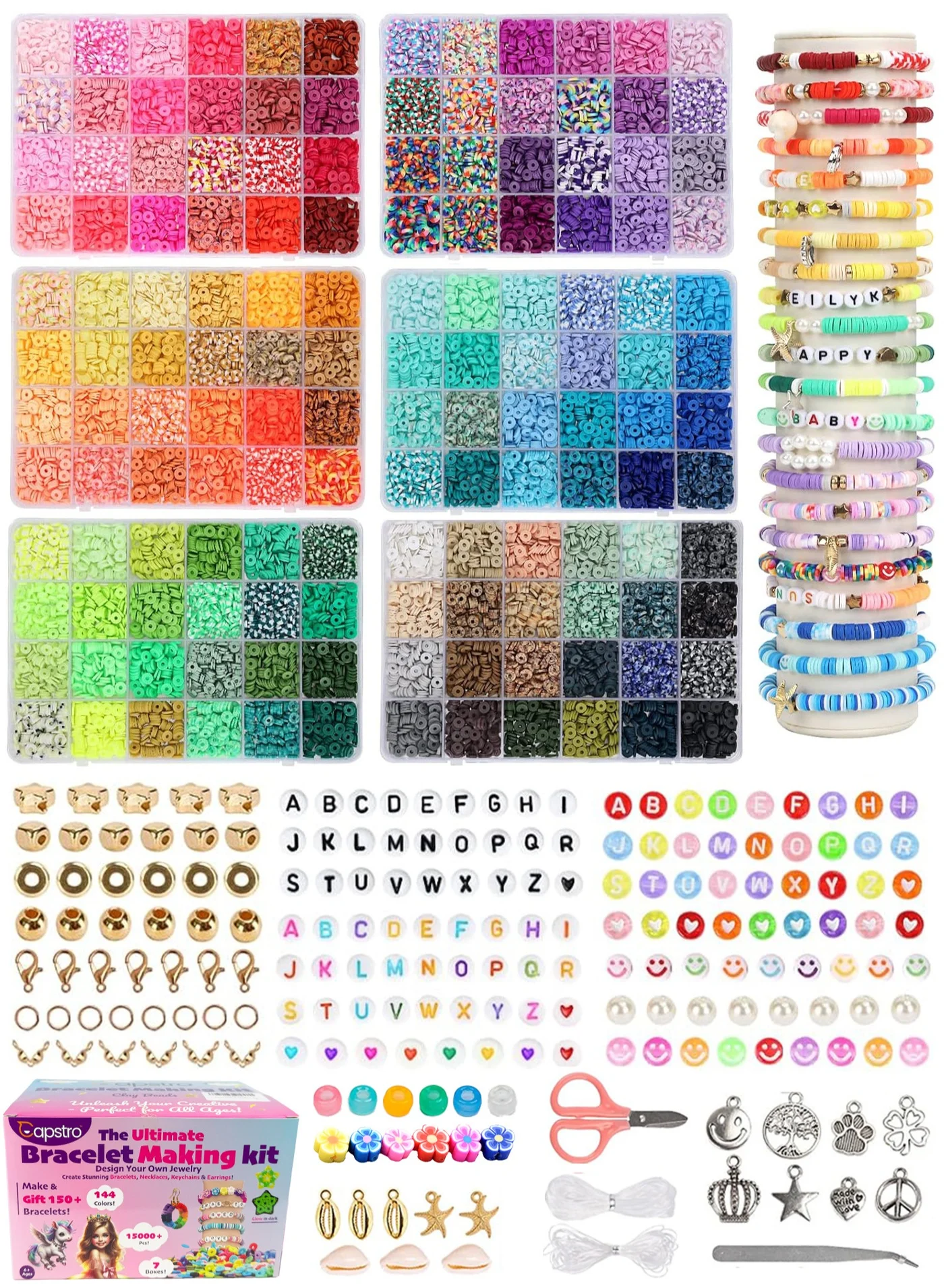 Capstro Clay Beads Bracelet Making Kit 15000 Pieces Jewelry Craft Set with Letter Beads and Charms for Kids (Multicolor, 15000 Pieces) m70up