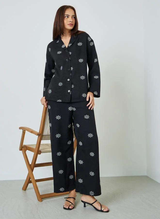 Amirah Floral Print Resort Collar Shirt and Pants Modest Set (Black, Medium) op93f