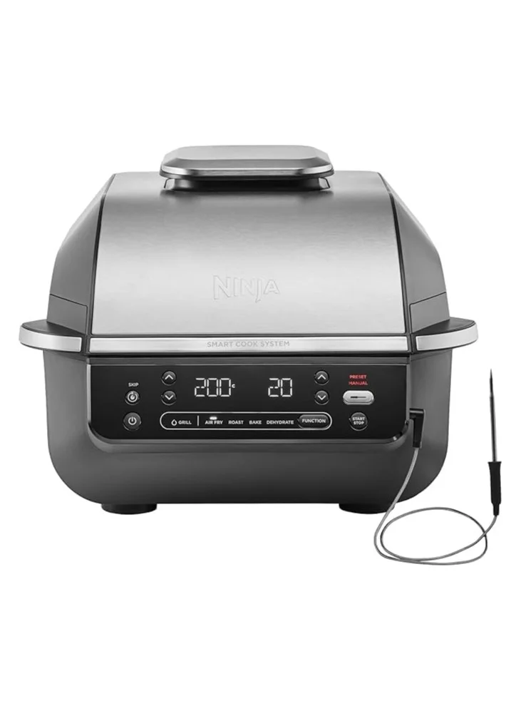 Premium 5-in-1 Indoor Grill and Air Fryer with Digital Meat Thermometer (Black/Silver, 5.7 L) pdgee