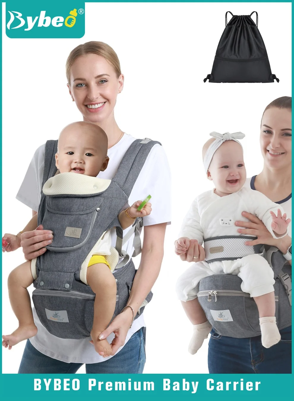 Bybeo 6-in-1 Ergonomic Baby Carrier with Hip Seat and Storage Bag (Adjustable, Newborn to Toddler) alzku