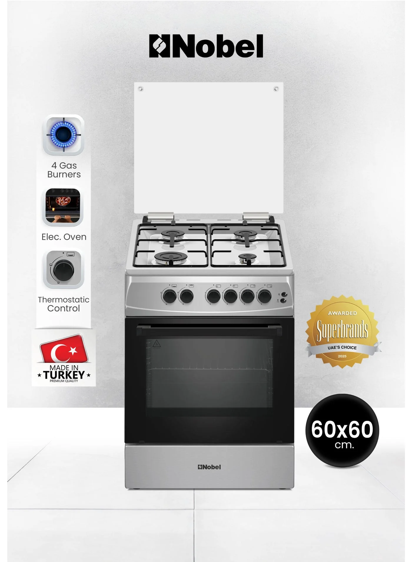 Nobel Gas Cooking Range with 4 Euro Pool Burners and 70L Gas Oven (Silver, 60x60cm) js1ri