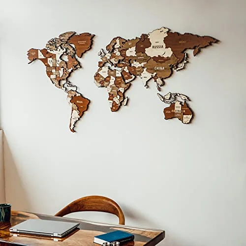 Premium 3D World Map Wall Art Multilayered Wooden and Metal Decor for Home and Office (Medium) jef2t