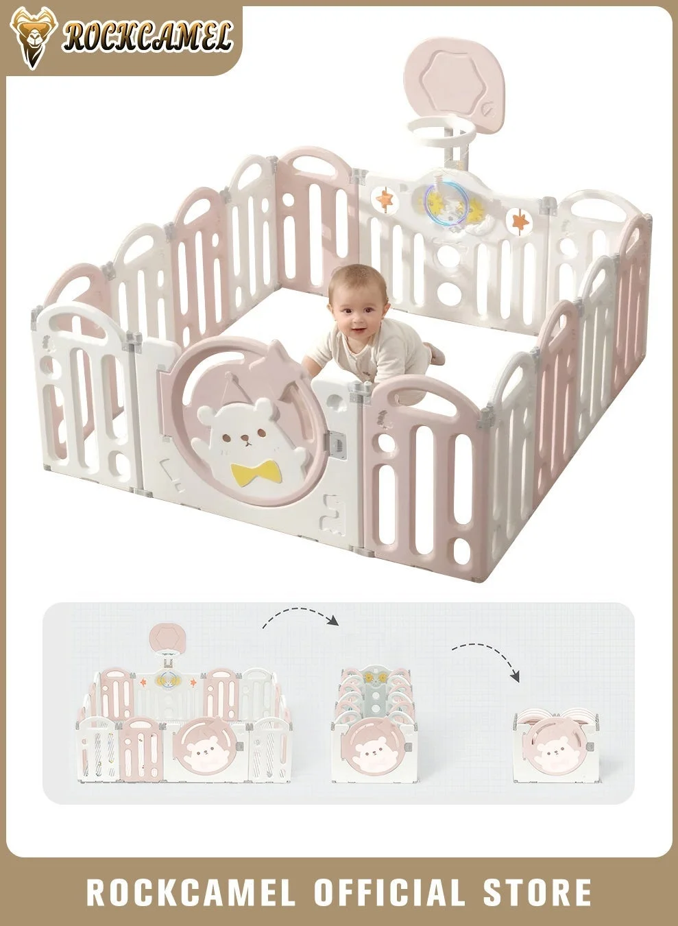 ROCKCAMEL Foldable Baby Playpen with Locking Gate and Basketball Hoop, 14-Panel Kids Activity Center for Indoor and Outdoor Use (Pink, 156 x 156cm) ru3vo