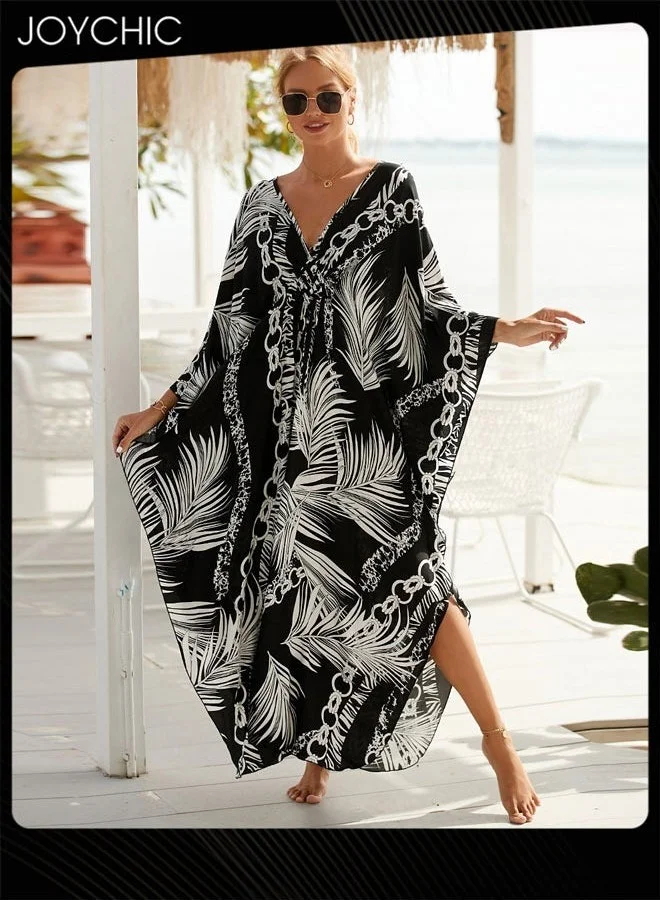 Joychic Women Leaf Pattern Beach Cover Up V-Neck Middle Sleeve Loose Casual Summer Kaftan (One Size) wn1gm