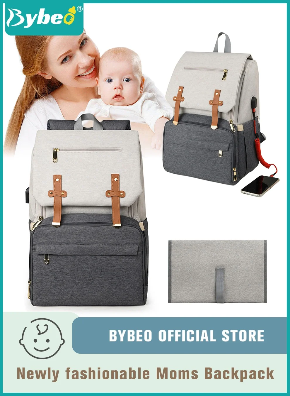 Bybeo Multifunctional Diaper Bag Backpack Waterproof Travel Nappy Nursing Bag with Portable Changing Mat and USB Charging Port (Large Capacity, Grey) nmdib