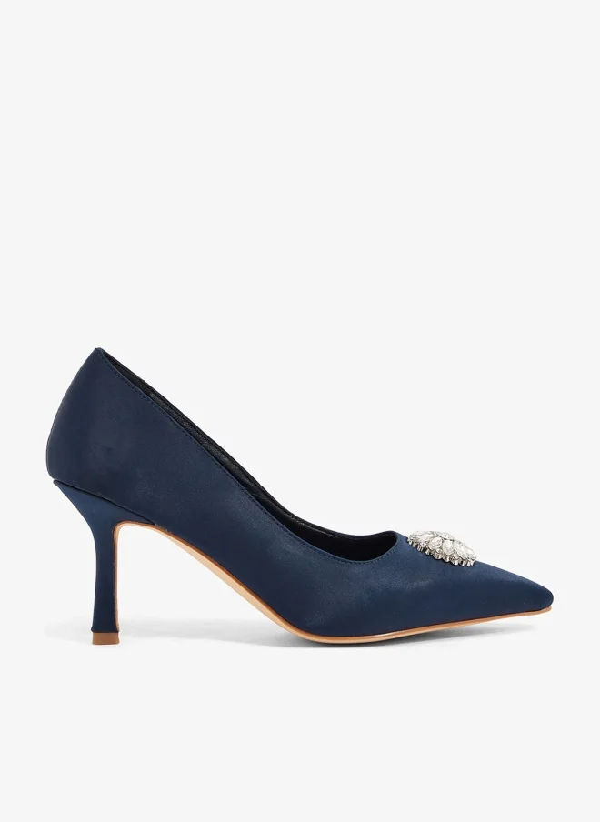 Khizana Navy Blue Satin Pumps with Crystal Embellishment (Pointed Toe, Mid Heel, Women) oabin