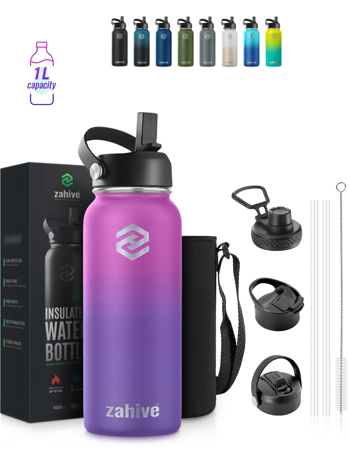 Zahive Insulated Stainless Steel Water Bottle with Straw (Purple, 1000 mL) Double Wall Thermos for Hot and Cold Drinks, Leak Proof for Gym and Work c53xl