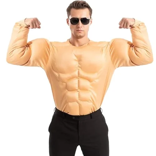 Premium Muscle Shirt Costume for Men, Realistic Tan Skin Body Builder Suit for Halloween Cosplay and Themed Parties (Medium) 7gvsr