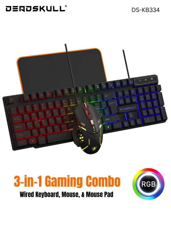 DEADSKULL Wired Gaming Keyboard and Mouse Combo with Rainbow LED Backlight and Adjustable DPI for PC and Console (Black) 01cth