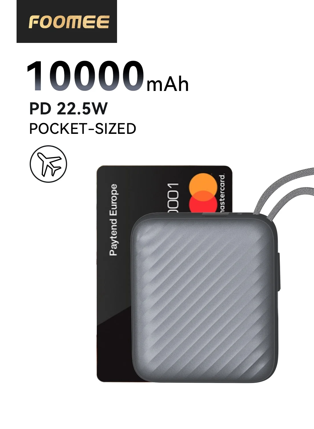 FOOMEE Portable Power Bank 10000mAh 22.5W Fast Charging with Integrated USB-C and Lightning Cables (Black, 10000mAh) stais
