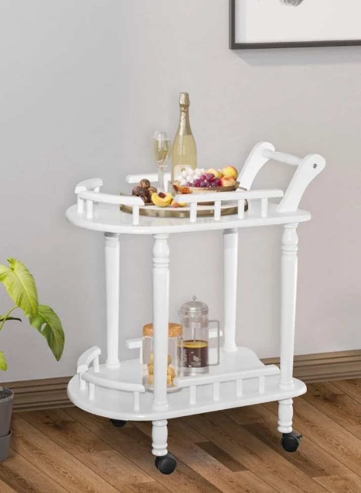 AFT 2-Tier Modern Wooden Serving Trolley Rolling Storage Cart with Movable Wheels for Kitchen and Living Room (70 x 58 x 39 cm) 7ele4