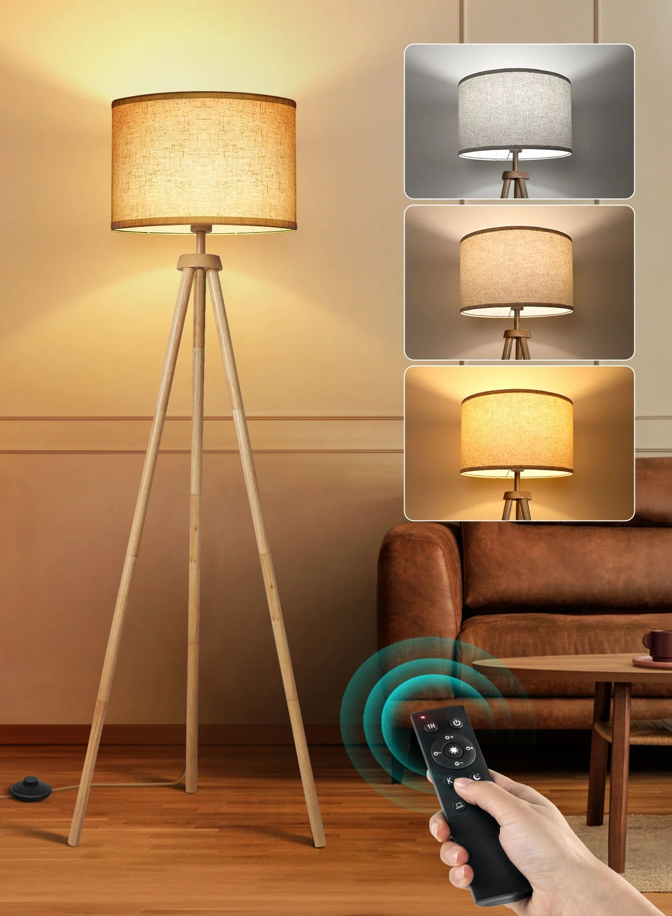 OUTON Solid Wooden Tripod Floor Lamp with Linen Shade, Dimmable Standing Light with Remote Control and 4 Color Temperatures for Living Room Bedroom (150 cm) u9udl