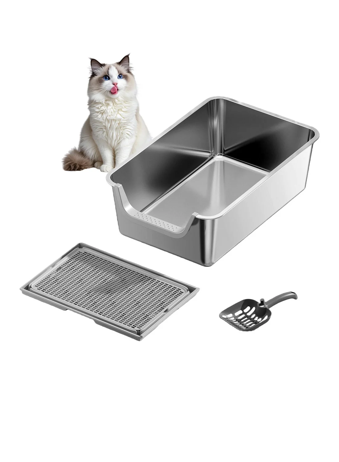 Kidle Stainless Steel Cat Litter Box with High Sides and Scoop (Large, 50 cm x 35 cm x 15 cm) p7qqh