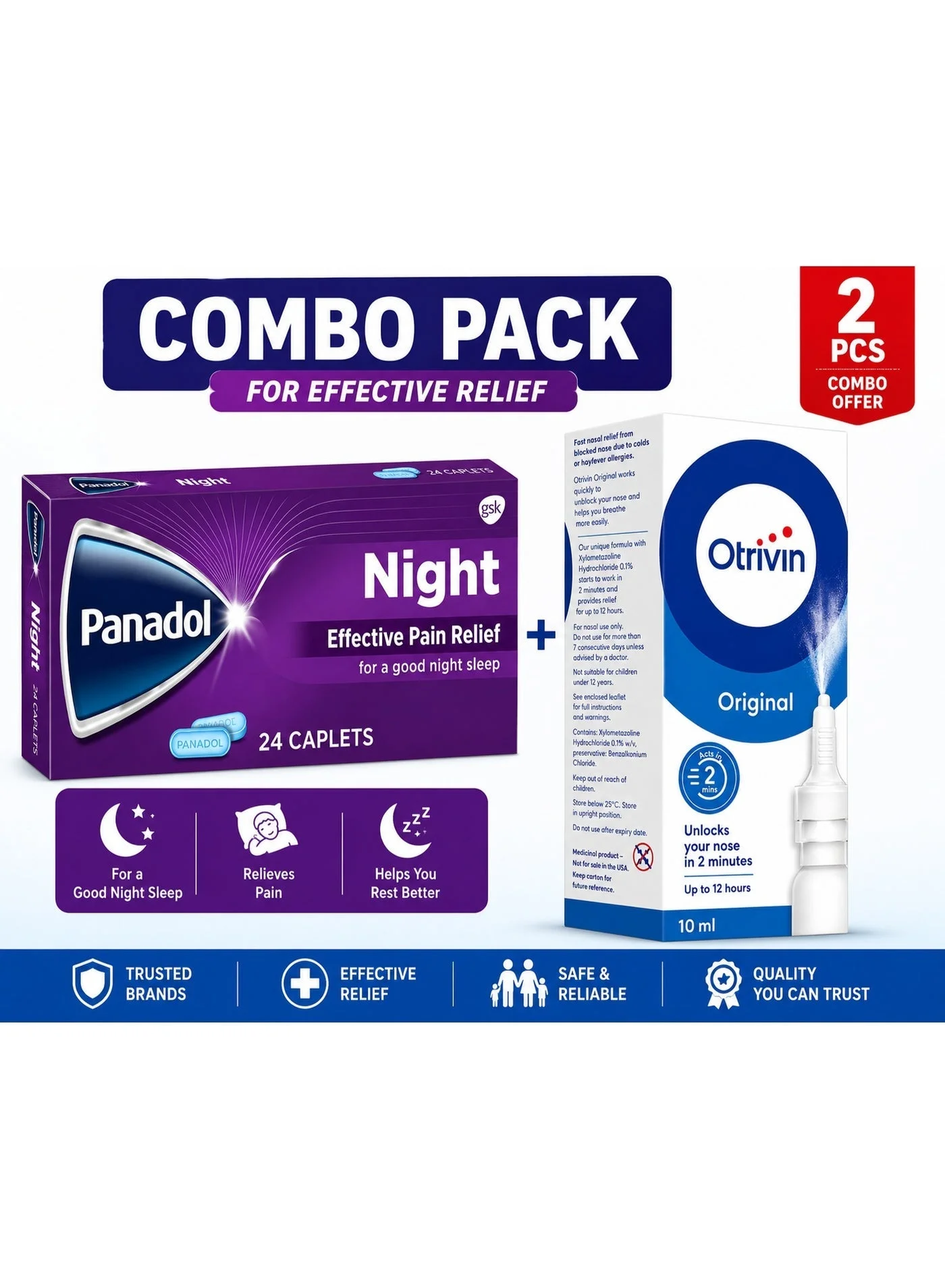 Nasal Decongestant Spray 10 mL and Nighttime Relief Caplets 24 Count Combo Set 1ujxv