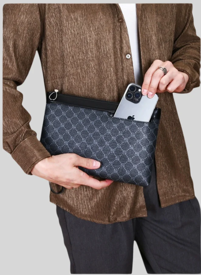 Premium Textured Clutch Bag for Men Large Capacity Handheld Organizer for Business and Leisure (Black, 28 cm x 18 cm) hymee