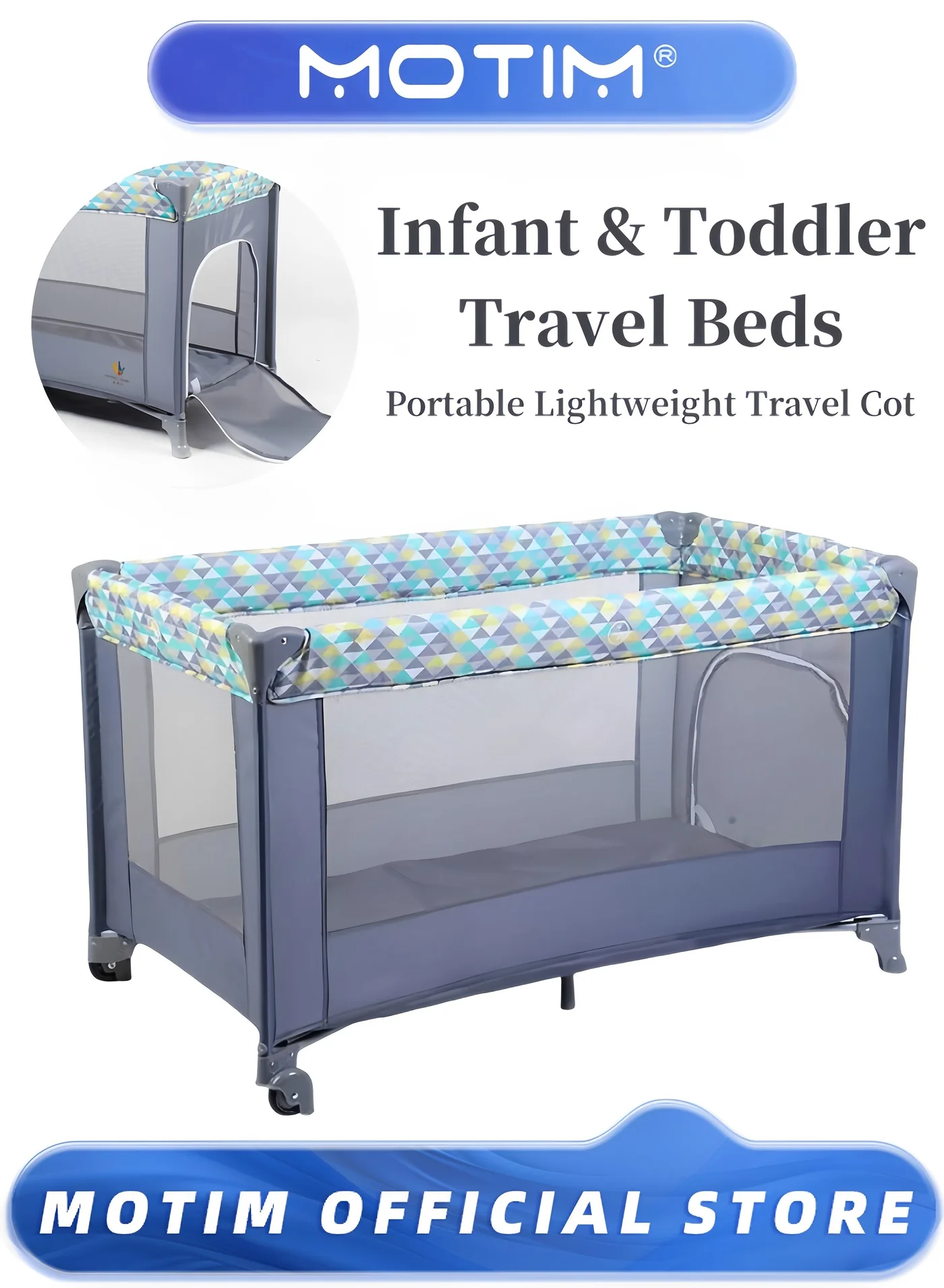 Motim Portable Travel Crib for Infants and Toddlers Foldable Nursery Center with Mattress and Carry Bag (125 x 65 x 75 cm) xr8e4