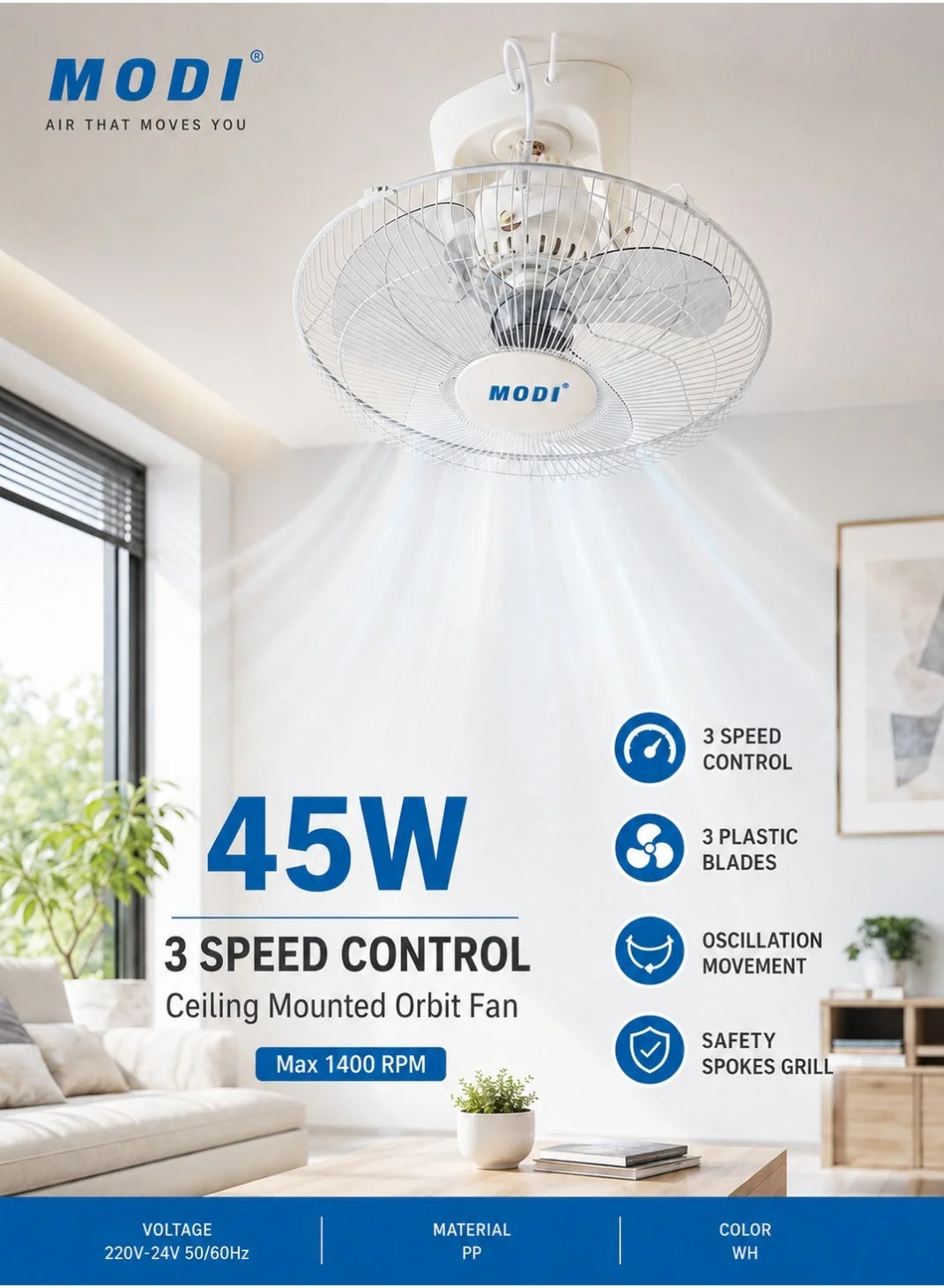 MODI Ceiling Mounted Orbit Fan 45W (White, 16 Inch) 3-Speed Oscillating Cooling Fan for Home and Office mrt6d