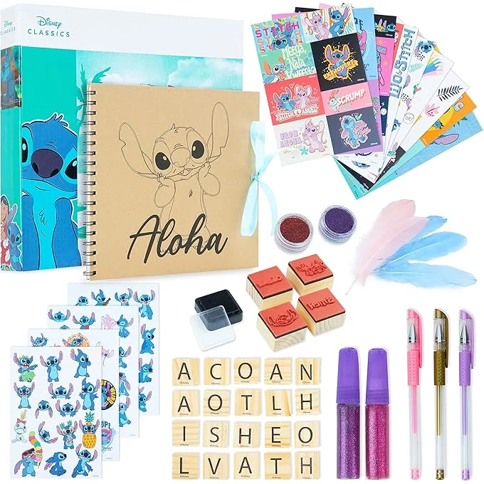 Cartoon Scrapbook Craft Kit for Kids DIY Art Set with Stickers Stamps and Gel Pens (Purple, 1 Set) 0zdo2