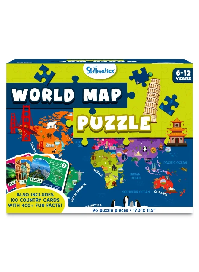 Skillmatics World Map Jigsaw Puzzle Educational Geography Learning Game for Kids (96 Pieces) 32tyh