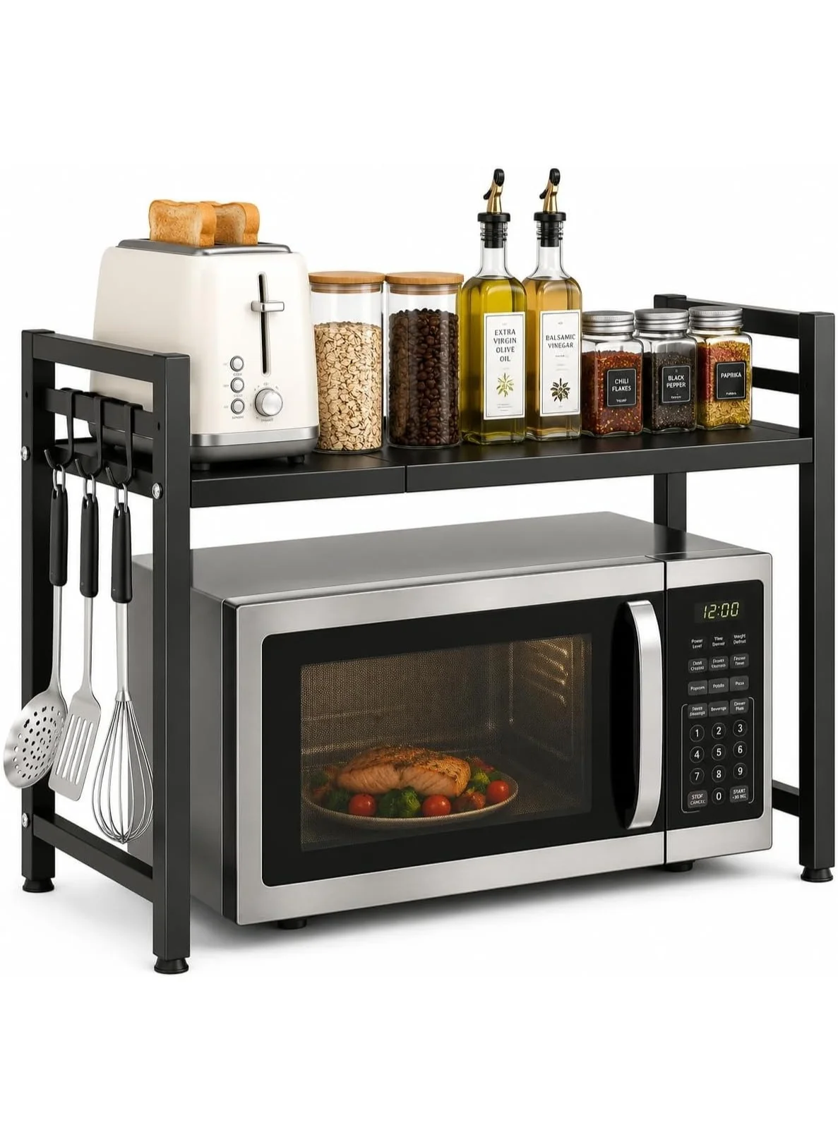 Toshionics Expandable Microwave Oven Rack (40-60cm) Adjustable Countertop Storage Shelf with 6 Hooks for Kitchen Organization 73k0n