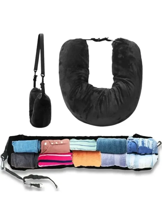 Premium Refillable Travel Pillow and Clothes Storage Bag Dual-Use Neck Cushion (Black, 40 cm x 30 cm) fxelo