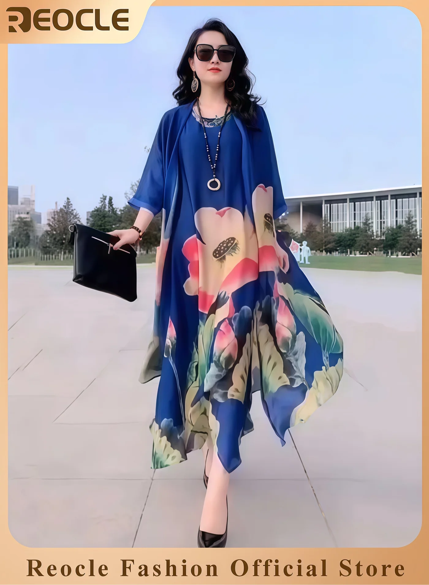 REOCLE Women's 2-Piece Elegant Dress Set Premium Solid Color Suit with Fashion Print Design (Medium) h978w