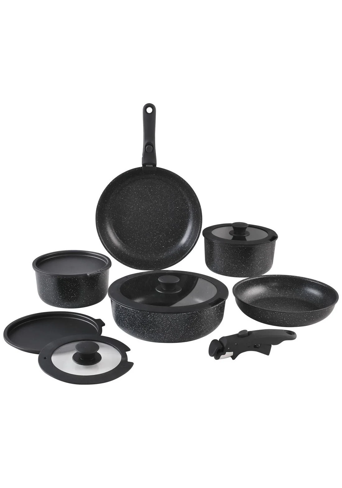 Noon East 12-Piece Detachable Granite Cookware Set Non-Stick Aluminum Pots and Pans with Tempered Glass Lids (Black, 12-Piece) x7w9h