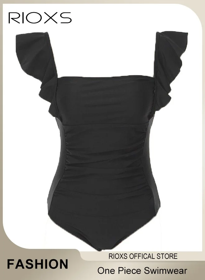 RIOXS Classic One-Piece Swimsuit for Women, Tummy Control Ruffle Bathing Suit with Adjustable Straps (Black, Medium) ne1wg
