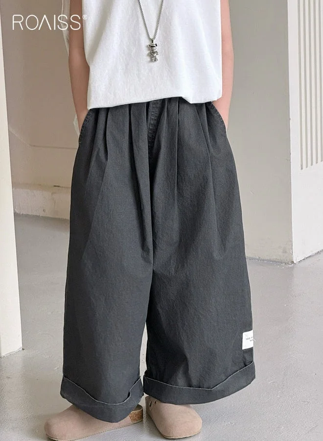 Roaiss Boys Cotton Wide Leg Pants Elastic Waist Breathable Casual Trousers for Daily Wear (Size 140cm) ohbun