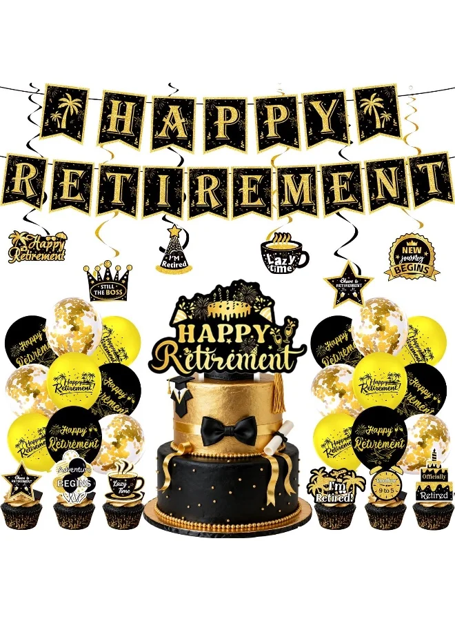 Retirement Party Decoration Set (Black and Gold) 50-Piece Balloon and Cupcake Topper Kit for Adult Celebration 89dsx