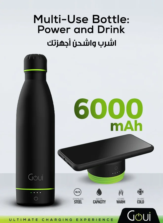Goui Insulated Water Bottle with 5W Wireless Charger and 6000mAh Power Bank (Black, 420 mL) xrgzt
