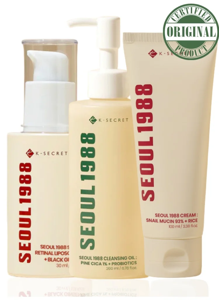 K-Secret Seoul 1988 Skincare Essentials Set (Retinal Serum 30ml, Cleansing Oil 200ml, Rice Cream 100ml) - Premium Korean Skincare Bundle for Hydration ejua9