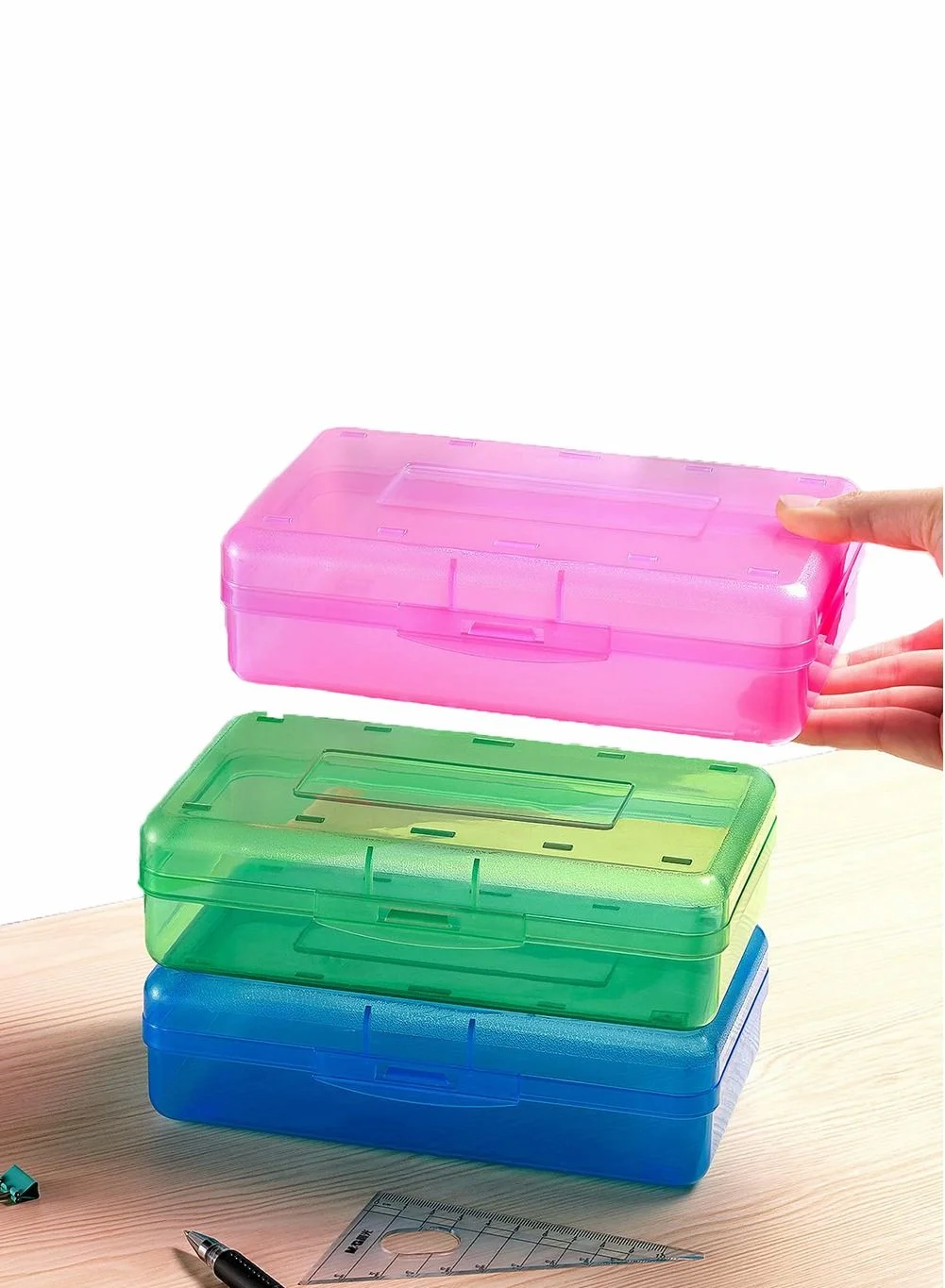 KASTWAVE Plastic Pencil Case Large Capacity Storage Organizer Box with Snap Closure (Assorted Colors, 20 cm x 8 cm x 4 cm) 1ux9y