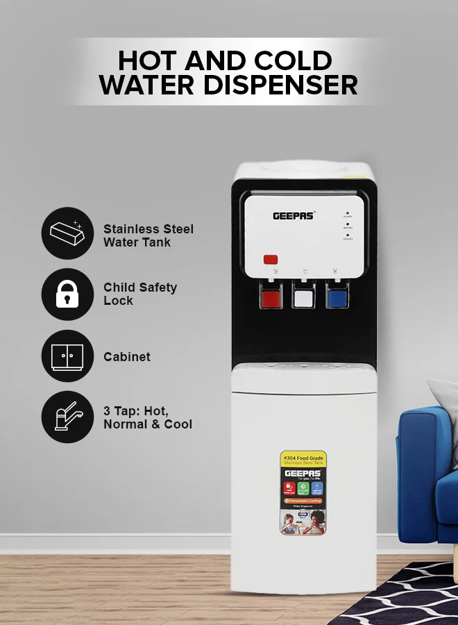 Geepas Top Loading Water Dispenser with Stainless Steel Tank and Dual Taps for Hot and Cold Water (White) jrwfq