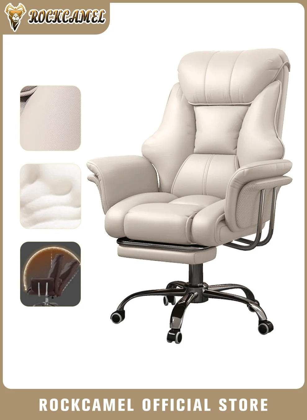 ROCKCAMEL Ergonomic Office Chair with Retractable Footrest and Lumbar Support, High Back Executive Gaming Chair with Soft Leather (White) htqkg