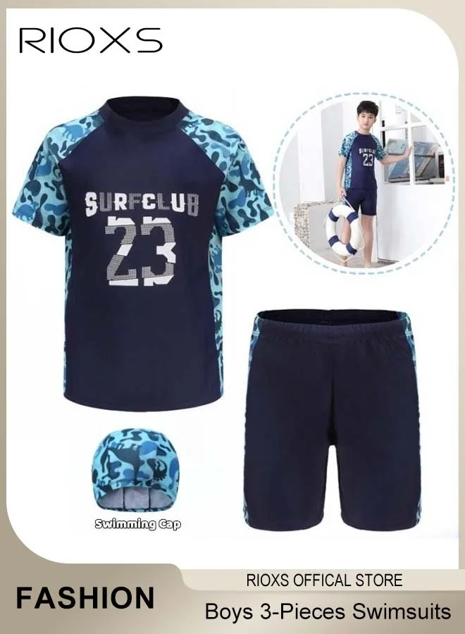 RIOXS Kids Boys Swimwear Set 3-Piece Rash Guard Swimsuit with Swimming Hat (Quick-Drying, Breathable, For Toddler Boys) cgg10