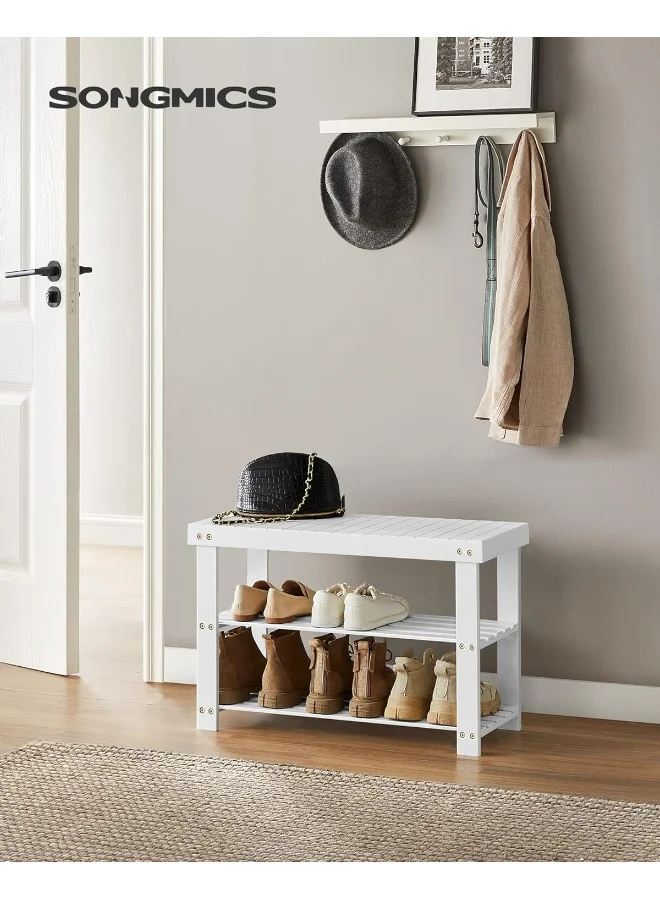 Premium Bamboo 3-Tier Shoe Rack Bench Entryway Storage Organizer (White, 28.7 x 70.1 x 45.2 cm) alu9b