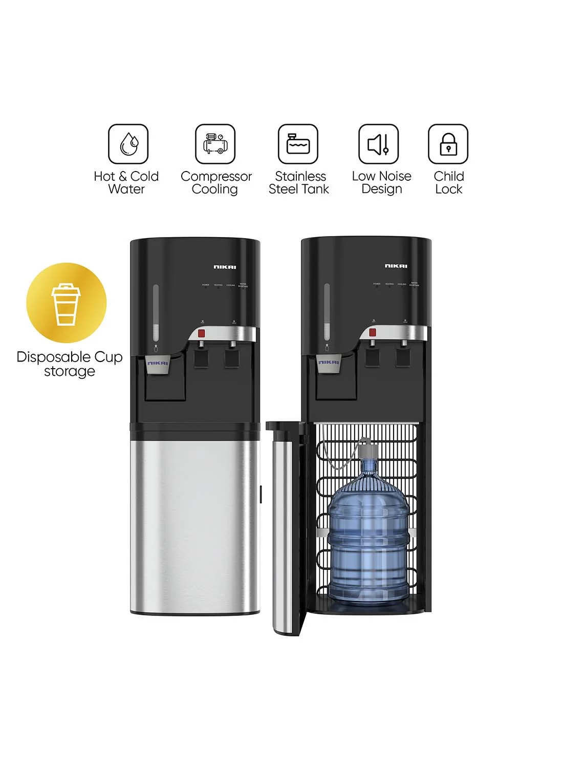 Nikai Bottom Loading Water Dispenser with 2-Tap System and Stainless Steel Tanks (Black, 1 Unit) fcxkm
