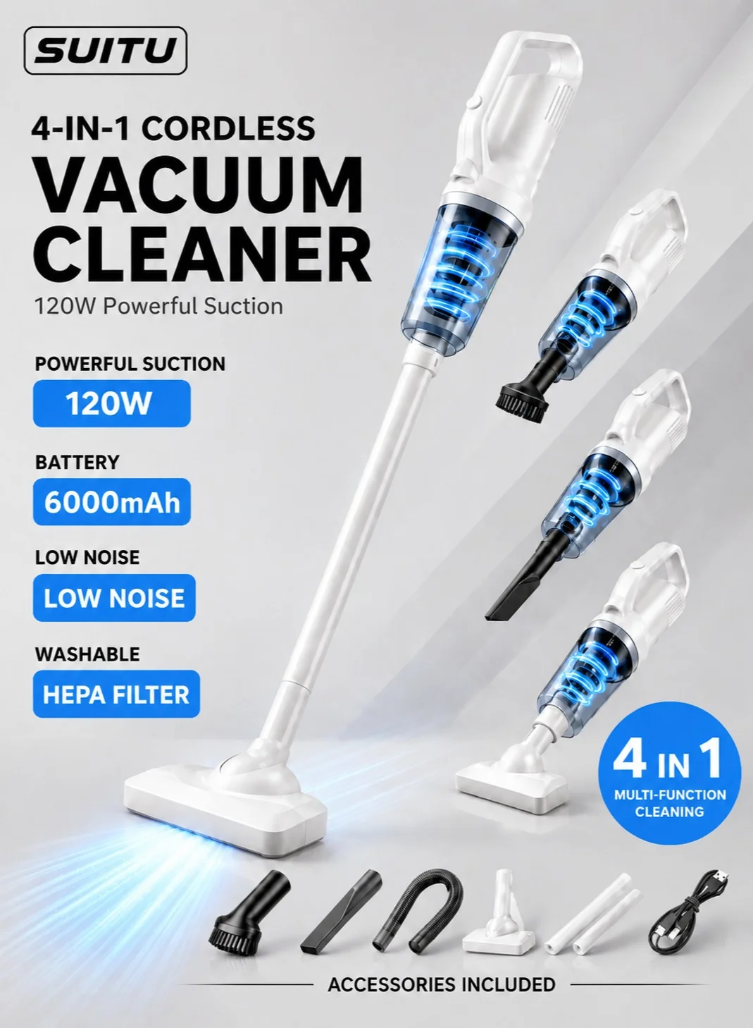SUITU Cordless Handheld Vacuum Cleaner 12000Pa Powerful Suction 4-in-1 Wet & Dry Portable Device with LED Light for Car Home and Office (120W) 53olk
