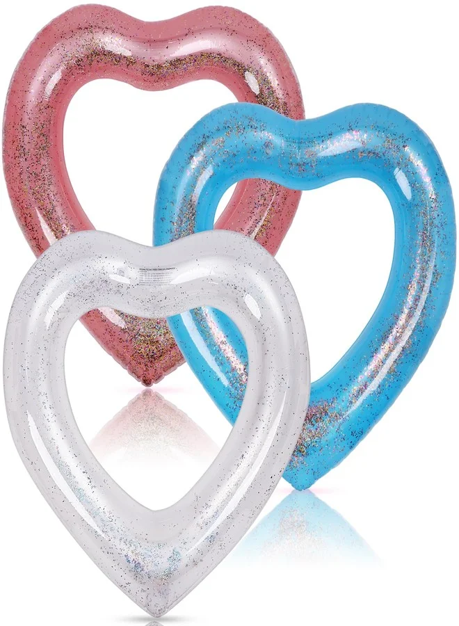 Mkhaslri Inflatable Heart Pool Float Set, Glitter Swimming Ring for Beach and Pool Parties (3 Pieces, 120 x 100 cm) sthcn