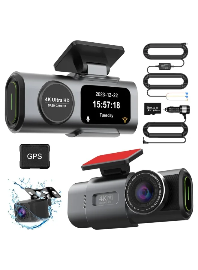 MUNTAQI 4K GPS Dash Cam Front and Rear Dual Channel Car Camera System with 1080P Rear View, 64GB SD Card, Wi-Fi, Night Vision, and Parking Monitor t4kr1