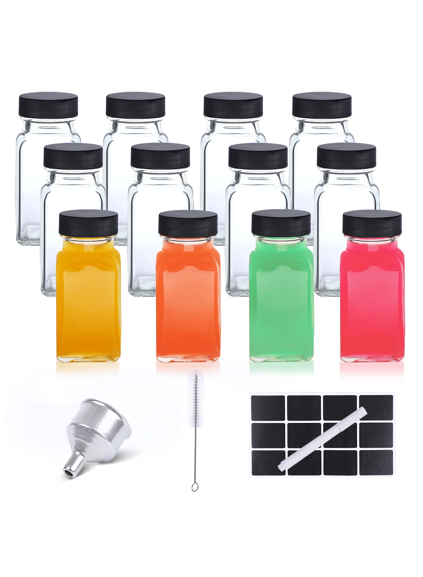 SKYLINK Glass Juice Bottles with Airtight Lids and Labels (12 Pack, 60 mL) woxha