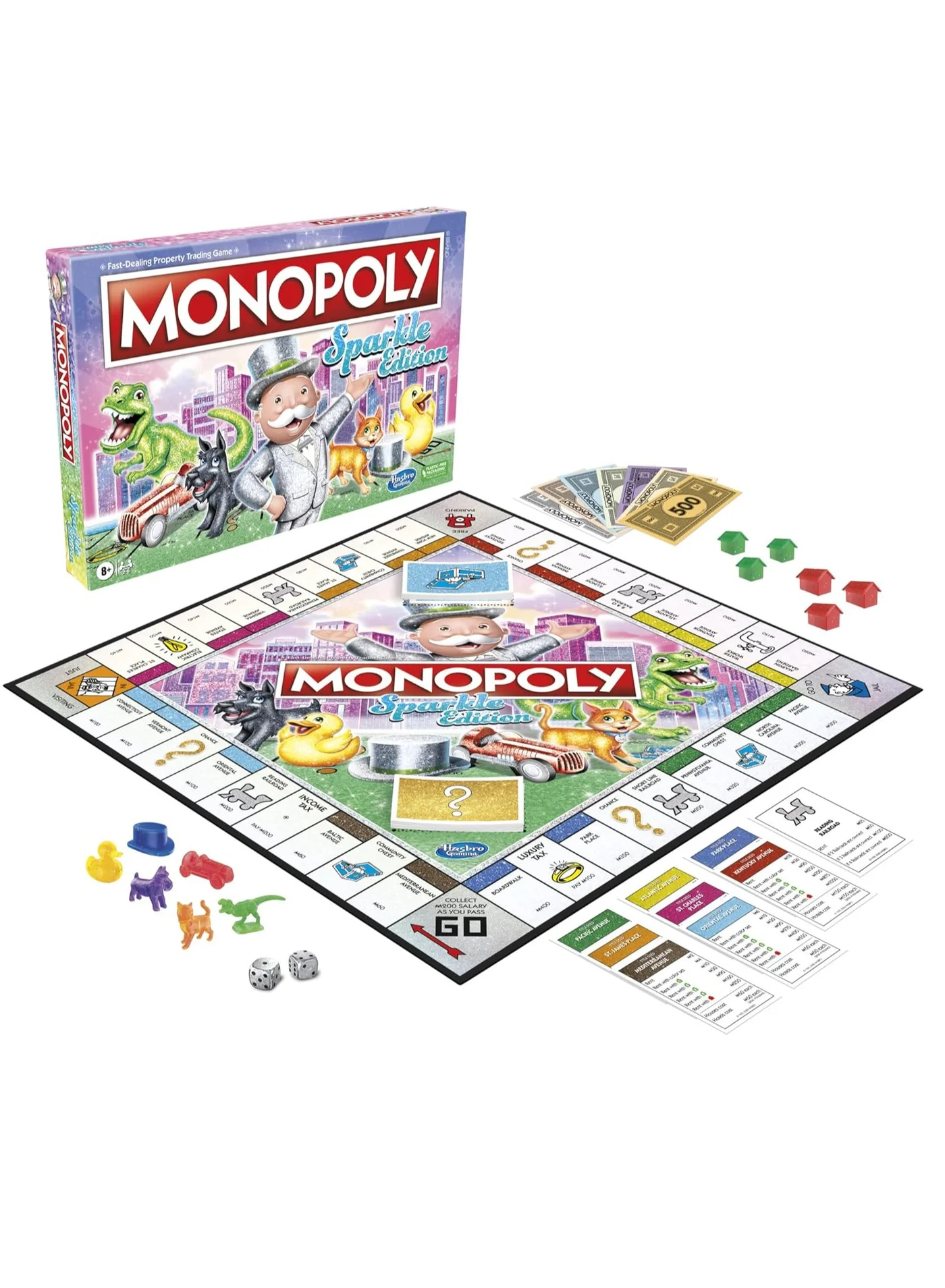 Premium Sparkle Edition Property Trading Board Game with Glittery Tokens and Pearlescent Dice for Family Game Night (8 Years and Up) attss