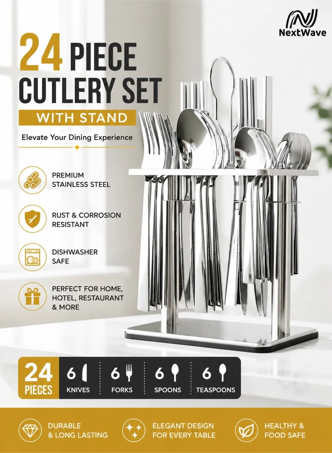 NextWave 24-Piece Stainless Steel Cutlery Set with Storage Stand (Silver, 24-Piece) 7llk3