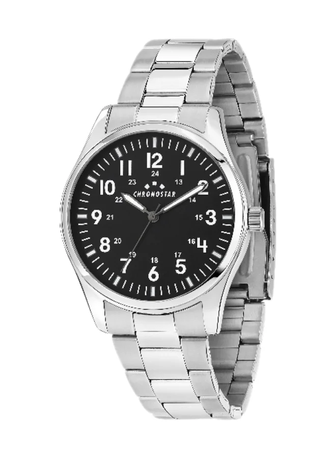 Chronostar Men's Analog Watch Round Black Dial with Silver Stainless Steel Band (39mm) 0ce24