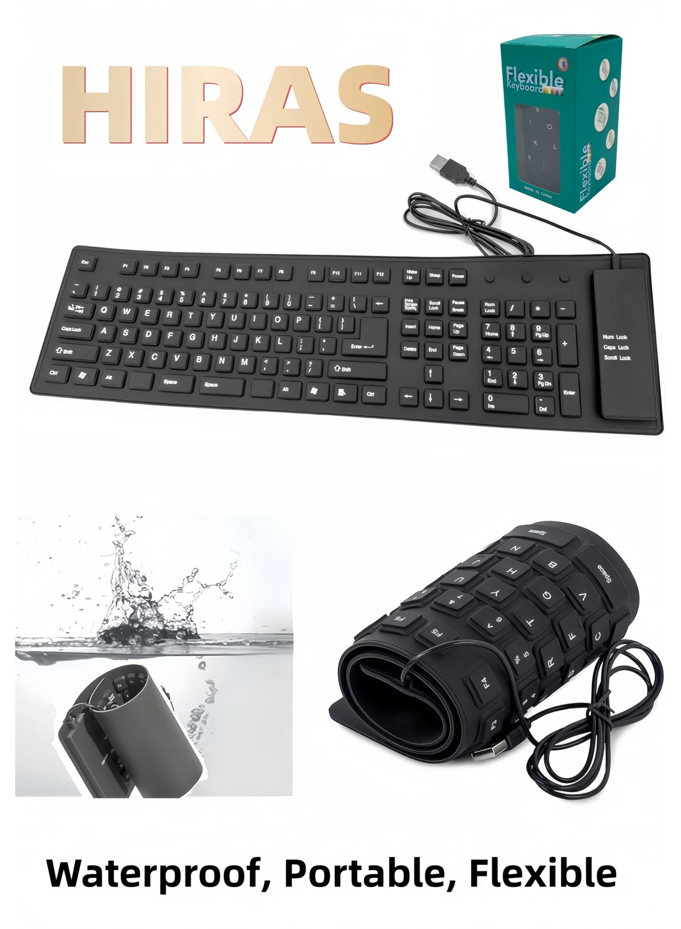 Hiras Foldable Silicone Computer Keyboard Waterproof and Dustproof Portable USB Wired Keyboard (Black, Standard Size) xdeeb
