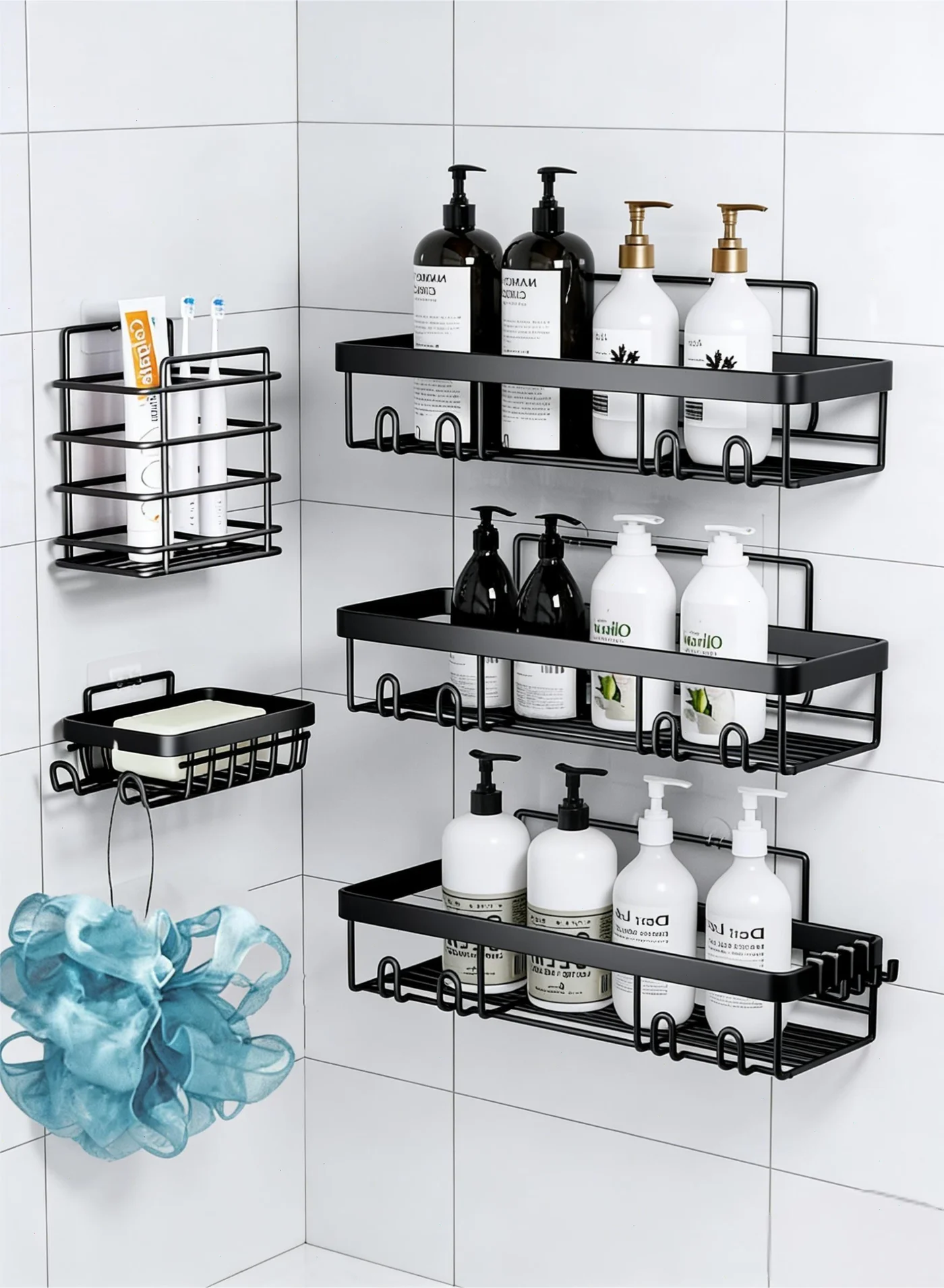 Topyich Minimalist Shower Caddy Set, Rustproof Bathroom Storage Shelf, Self-Adhesive Wall Mount Organizer (Black, 5-Pack) 7v5ka