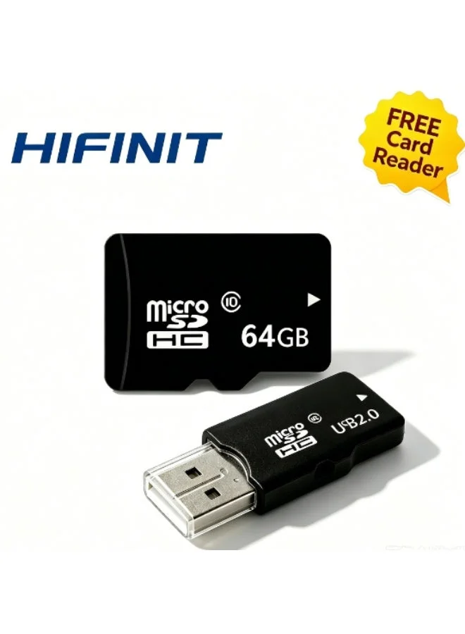 HIFINIT High-Speed 64GB TF Memory Card for Digital Cameras and Mobile Devices (Includes USB Card Reader) 4oz4a