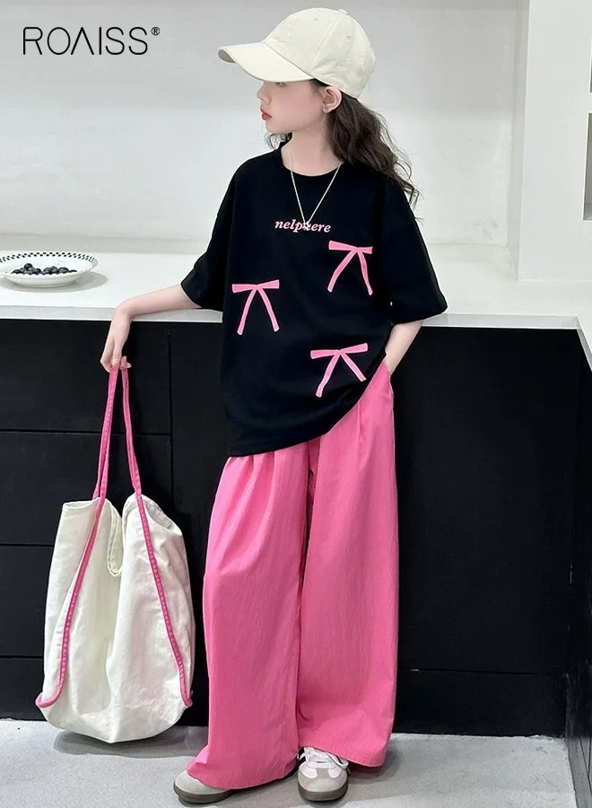Roaiss Girls Bow Print Outfit Set Short Sleeve T-Shirt and Wide Leg Pants (2-Piece Set, Summer Casual Wear) qng2n
